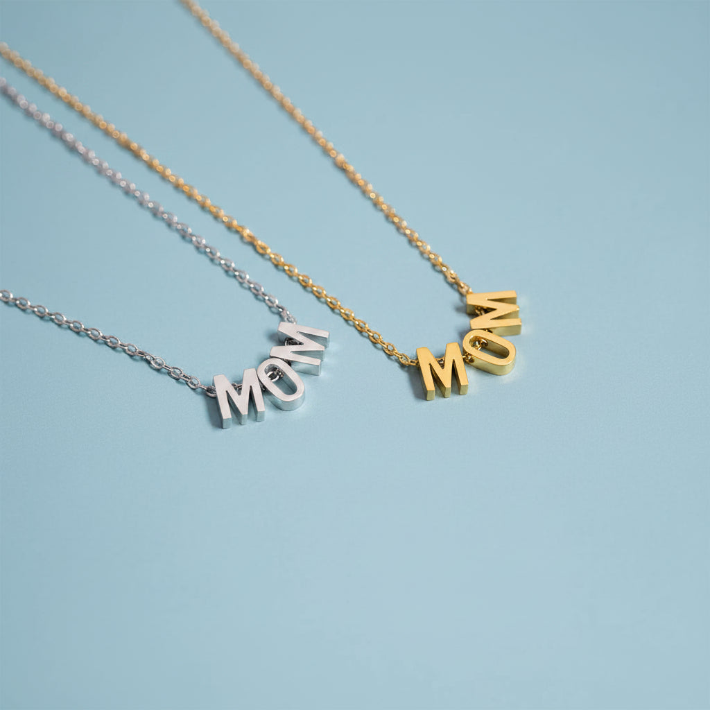 Two necklaces with 'MOM' pendants on a blue background