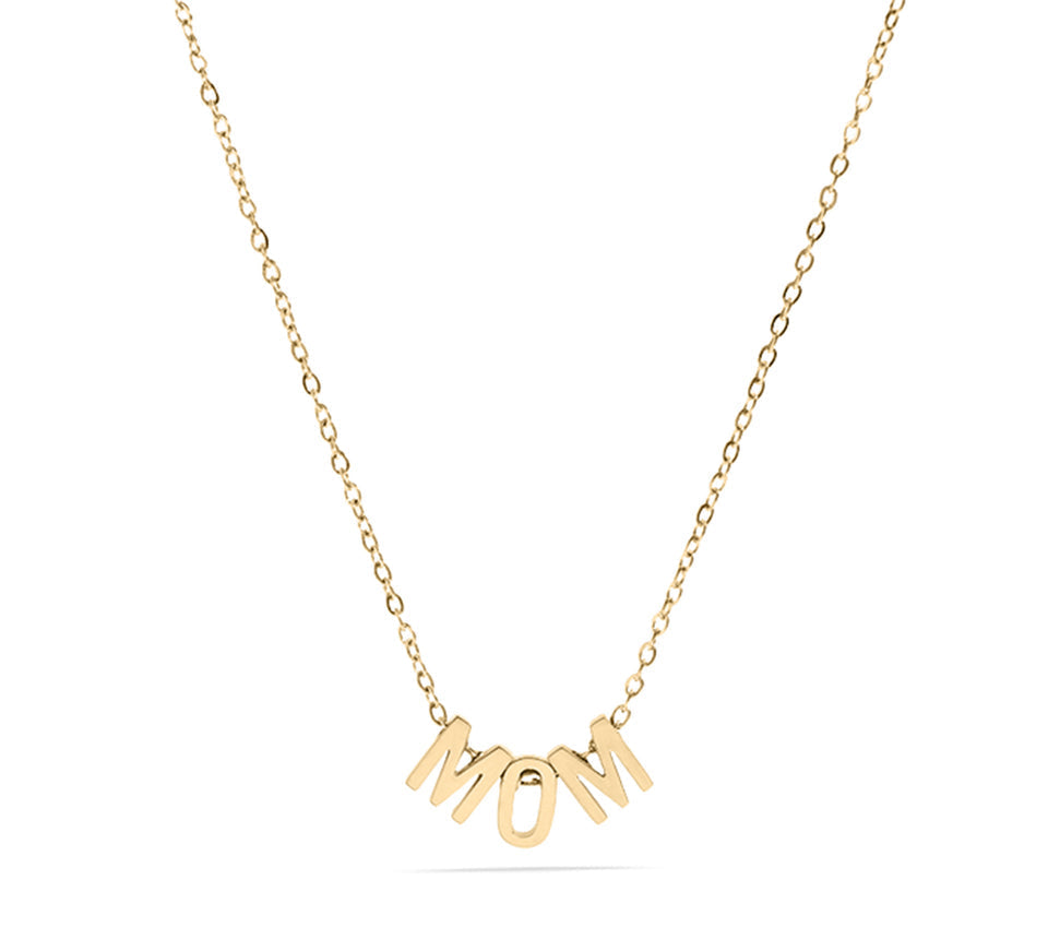 Gold necklace with 'MOM' pendant on a white background