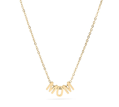 Gold necklace with 'MOM' pendant on a white background