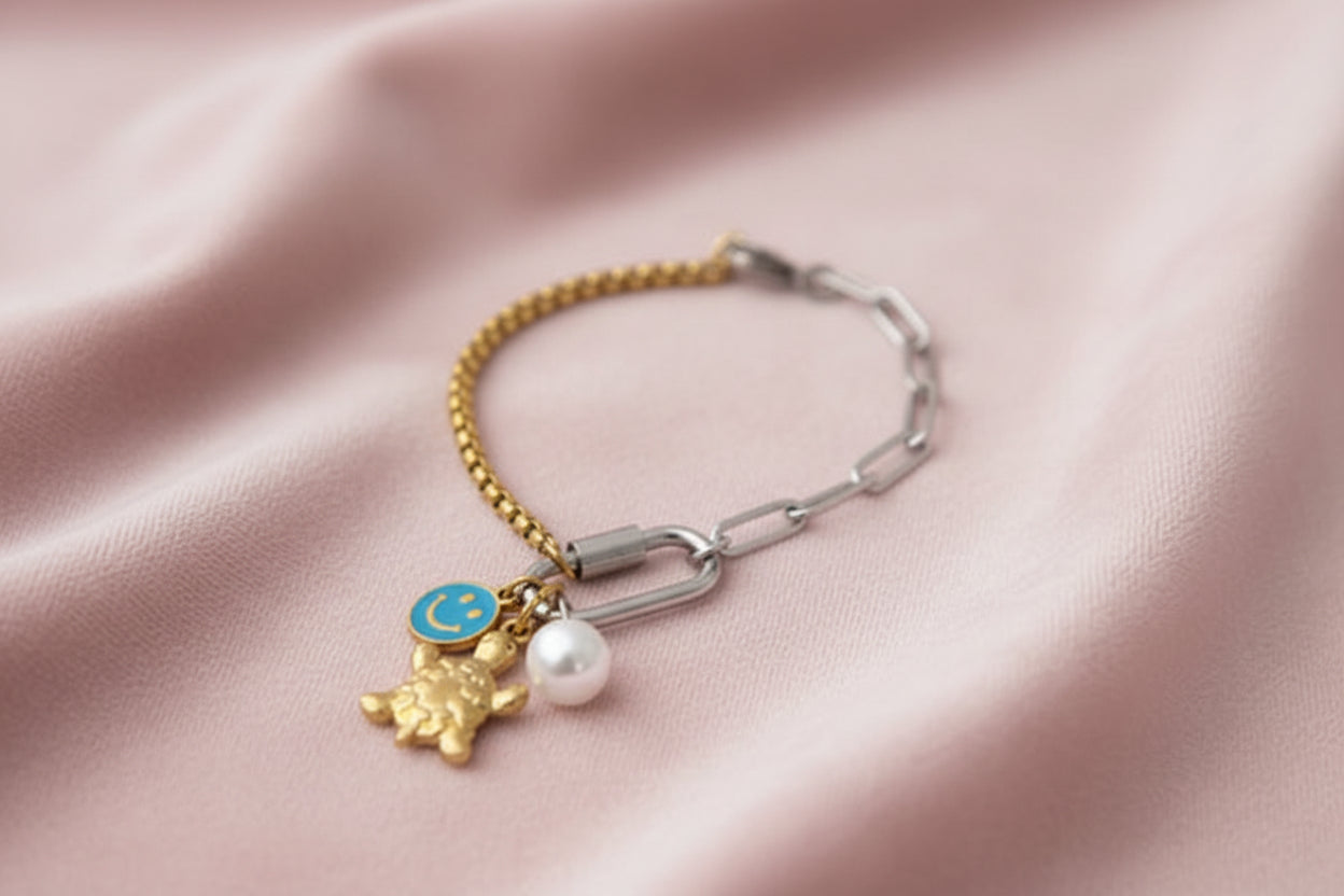 Two Tones Split Chain Paperclip Carabiner Bracelet