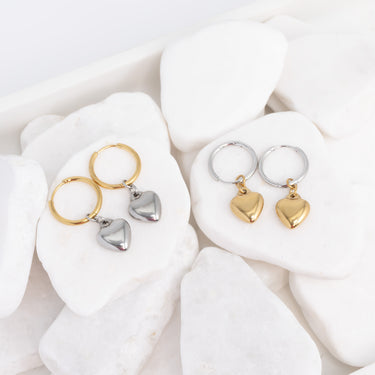 Two Tones Huggle with Hanging Heart Earring