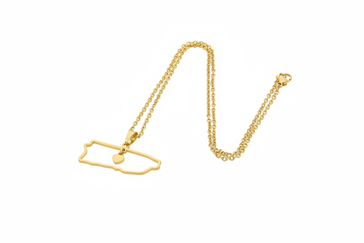 Gold necklace with a pendant puerto rico shaped on a white background